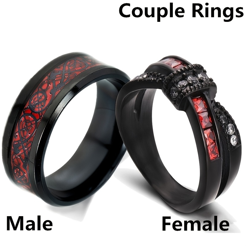Men's Steel Carbon Fiber & Women's Ruby Garnet Ring Set